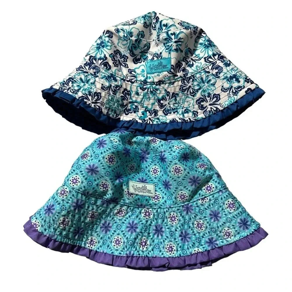 UV SKINZ Bucket Hat Girls Sun Reversible Blue Floral Hawaiian UPF 50 Beach Pool